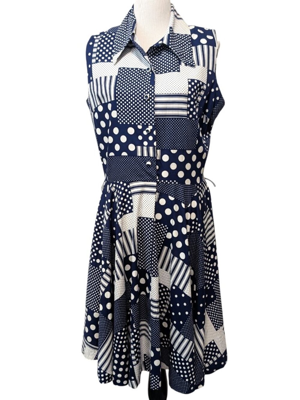 Vintage Karen Kane NWT Sz 18 Blue White Polka Dot Geometric Buttons Preppy Dress